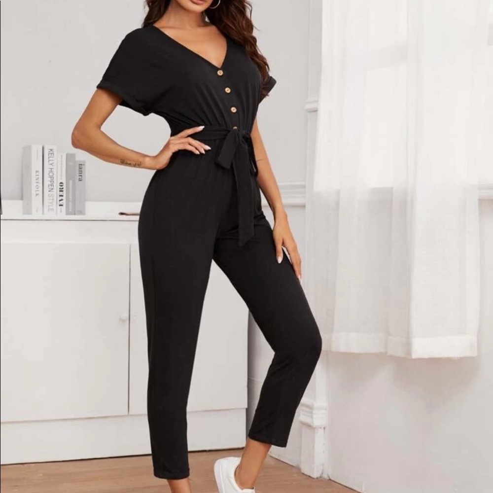 buttoned front self belted cuffed jumpsuit